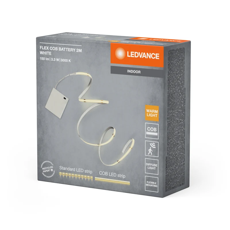 LEDVANCE FLEX dekorative batteriebetriebene COB-Streifen mit warmweißem Licht, 2 m, 3. 3W, 150lm, 3000K, 830 warmweiß, IP20, gelb, Silikon, Leuchtmittel nicht austauschbar