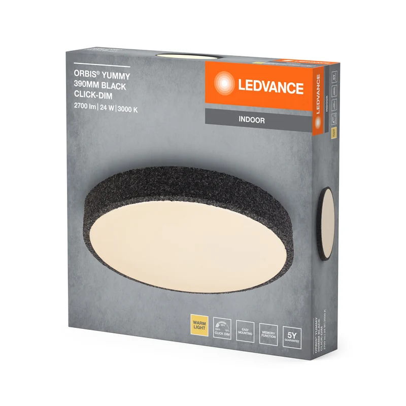 LEDVANCE ORBIS Yummy LED-Deckenleuchte mit Metallring, schwarz, 24W, 1450lm, 3000K, 390mm, 830 freundliches Warmweiß, durch Klicken dimmbar, IP20 Schutz, Montageschrauben und Dübel inklusive