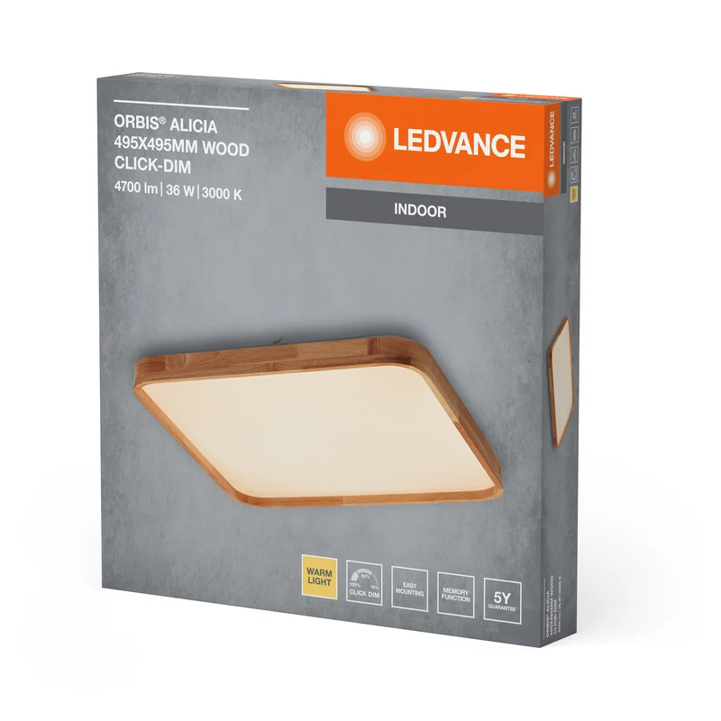 LEDVANCE ORBIS Alicia LED-Deckenleuchte mit Holzdekor, 16W, 2500lm, 3000K, 495x495mm, freundliches Warmweiß, durch Klicken dimmbar, IP20 Schutz, Montageschrauben und Dübel inklusive