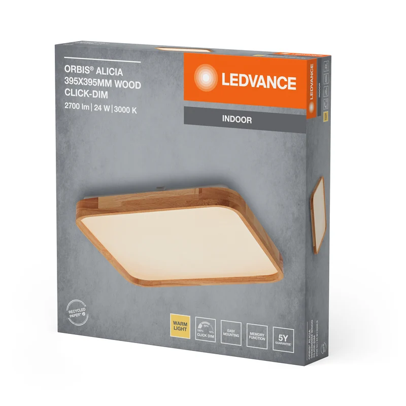LEDVANCE ORBIS Alicia LED-Deckenleuchte mit Holzdekor, 24W, 1600lm, 3000K, 395x395mm, freundliches Warmweiß, durch Klicken dimmbar, IP20 Schutz, Montageschrauben und Dübel inklusive