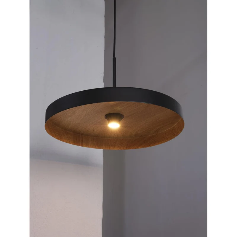 LEDVANCE Decor Plate dekorative Hängelampe mit tellerförmigem Lampenschirm, 400mm, mit E27 Fassung, IP20, Metall, schwarz/Holzoptik