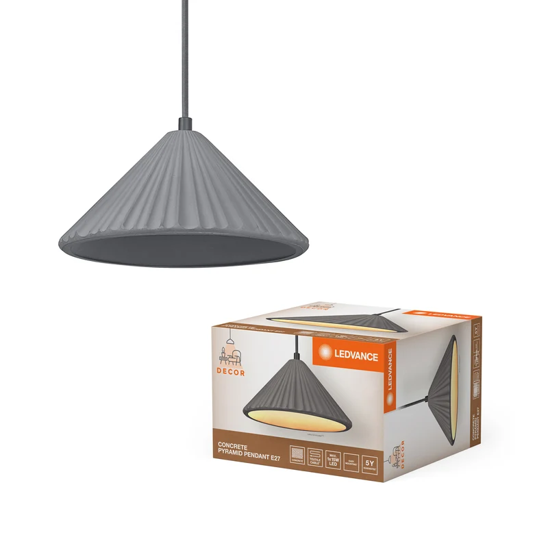 LEDVANCE Decor Concrete Pyramid Beton-Hängeleuchte (250 mm) in Dunkelgrau mit Gehäuse aus Metall und Beton für moderne Beleuchtungen in Innenräumen, flexible Leuchtkörper-Wahl dank E27 Fassung.