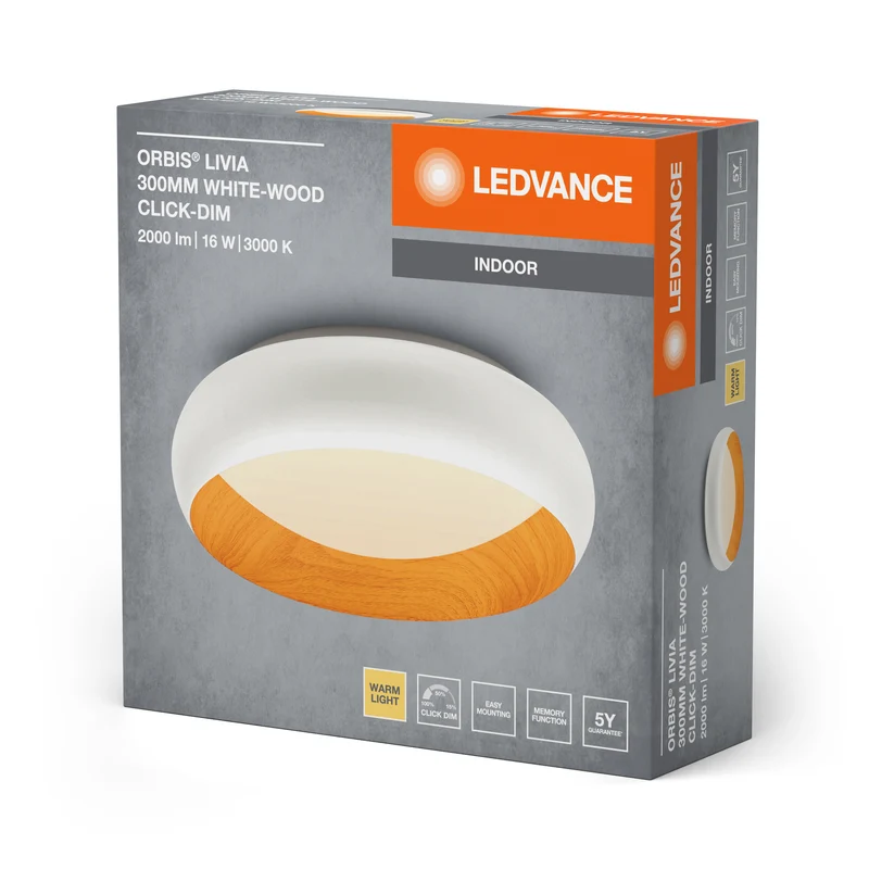 LEDVANCE ORBIS Livia LED-Deckenleuchte mit Metallring, weiß/Holzdekor, 16W, 750lm, 3000K, 300mm, 830 freundliches Warmweiß, durch Klicken in 3-Stufen dimmbar, IP20, Schrauben/Dübel inklusive