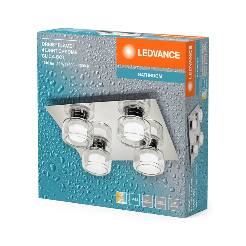 LEDVANCE ORBIS Flame Wand- und Deckenleuchte mit LED, Chrom, 22W, 1400lm, 3000/4000K, Farbtemperatur via Wandschalter einstellbar (kaltweiß und warmweiß), IP44 Schutz vor Fremdkörpern und Spritzwasser