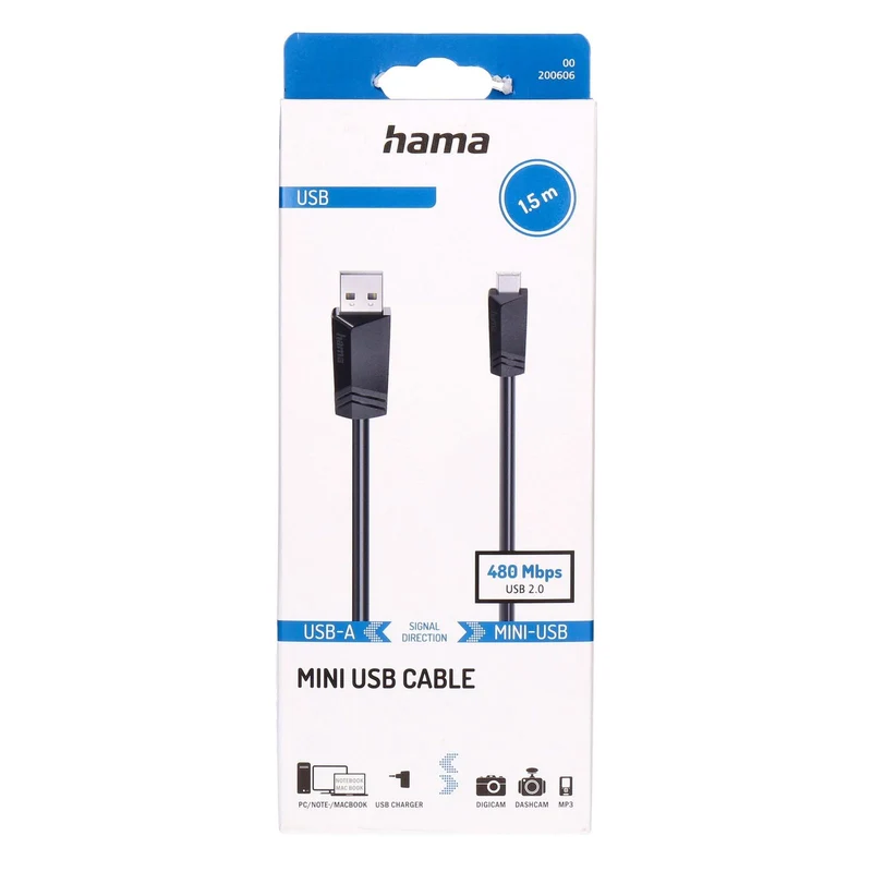 Hama 00200606 USB Kabel USB 2.0 1,5 m Mini-USB B USB A 0,48 Gbit/s Schwarz