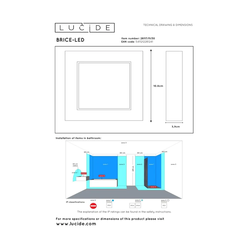 Lucide Brice-LED Square Bathroom Flush Ceiling Light