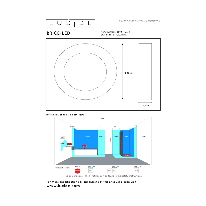 Lucide Brice-LED Bathroom Flush Ceiling Light
