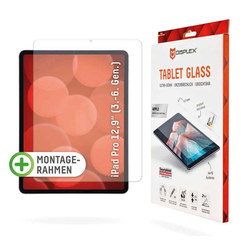 Displex Tablet Glass (9H) für Apple iPad Pro 12,9 Eco-Montagerahmen L-Form unzerbrechlich ultra dünn
