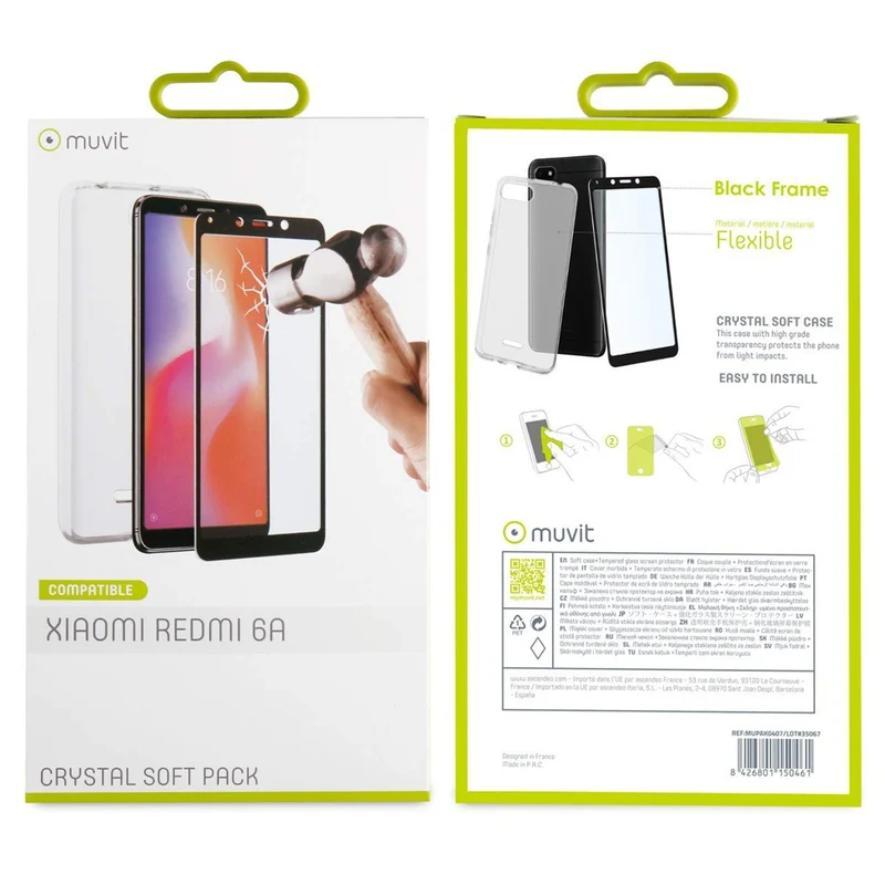 Muvit Crystal Soft Pack mit Backcover und Displayschutz aus Glas für Xiaomi Redmi 6A